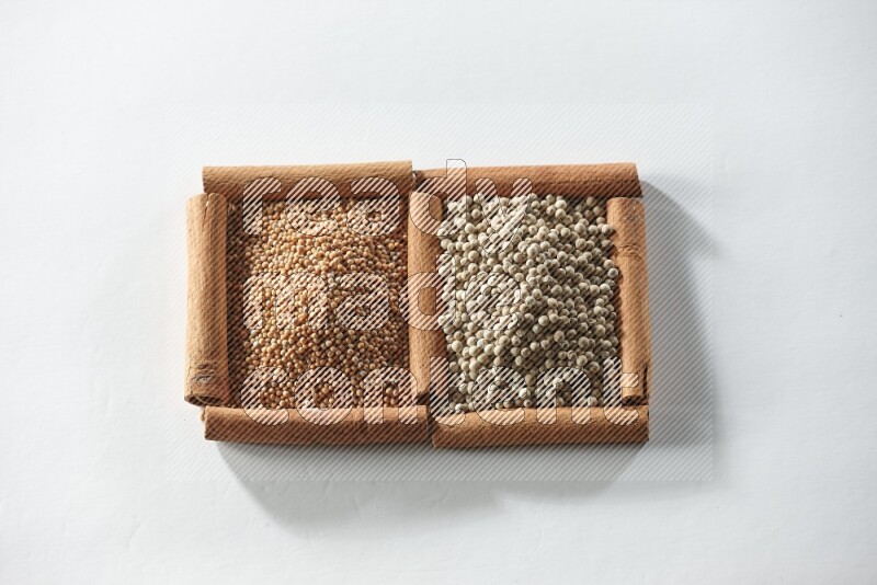 2 squares of cinnamon sticks full of mustard seeds and white pepper on white flooring