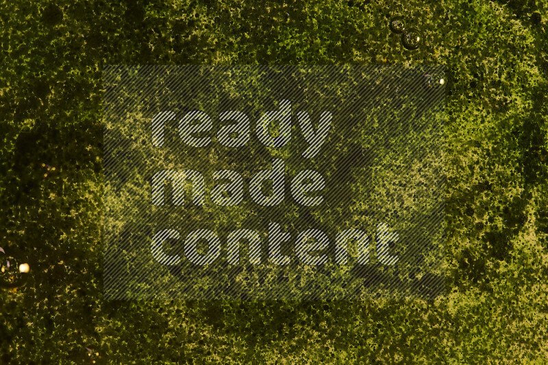 Close-ups of abstract green watercolor drops on oil Surface on yellow background