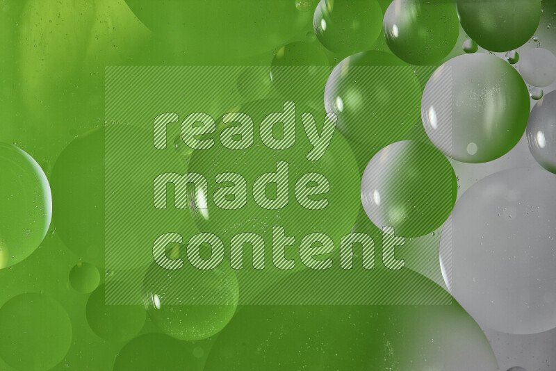 Close-ups of abstract oil bubbles on water surface in shades of white and green