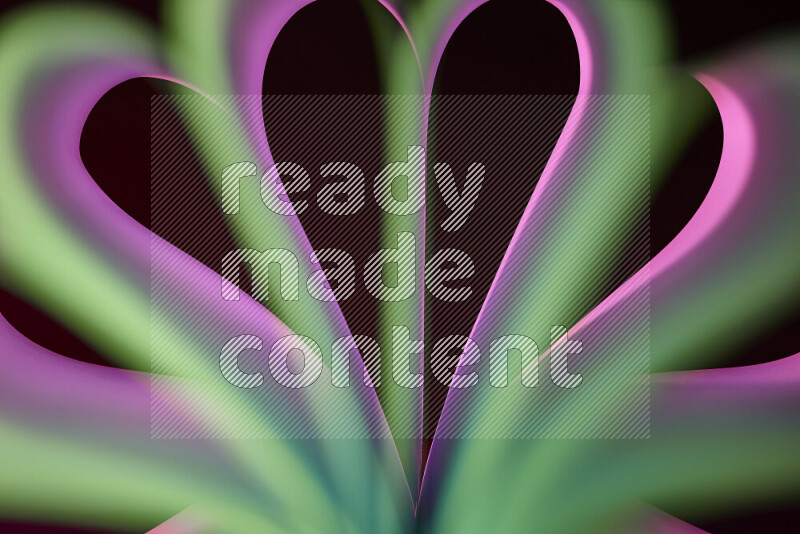 An abstract art piece displaying smooth curves in pink and green gradients created by colored light