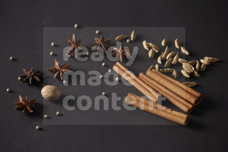 Cinnamon sticks, cardamom, star anise, nutmeg and white peppers on a black background