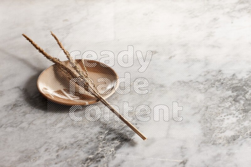Wheat stalks on multicolored pottery plate on grey marble background