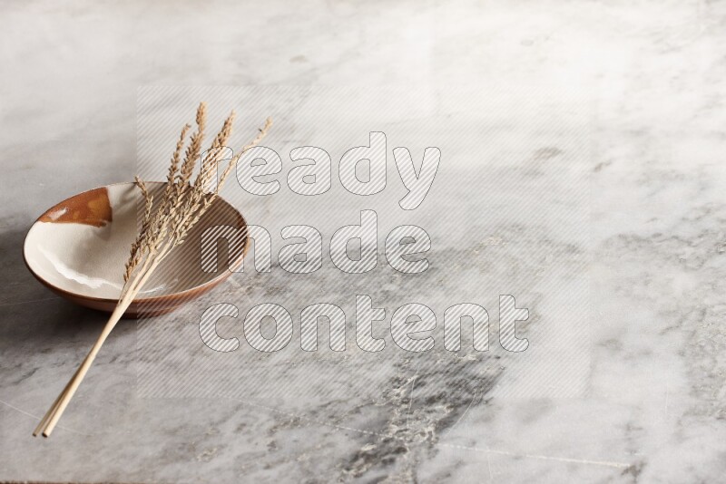 Wheat stalks on multicolored pottery plate on grey marble background