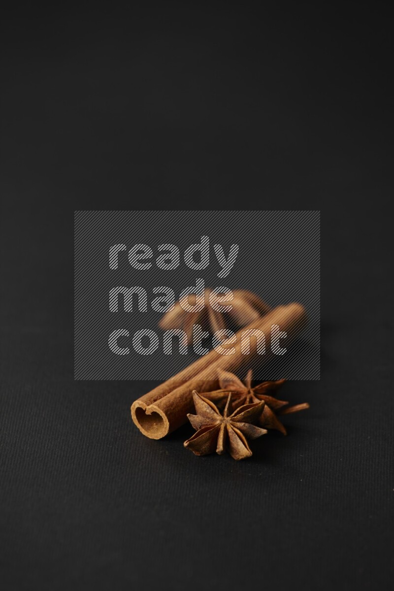 Star Anise herb and a cinnamon stick on a black background
