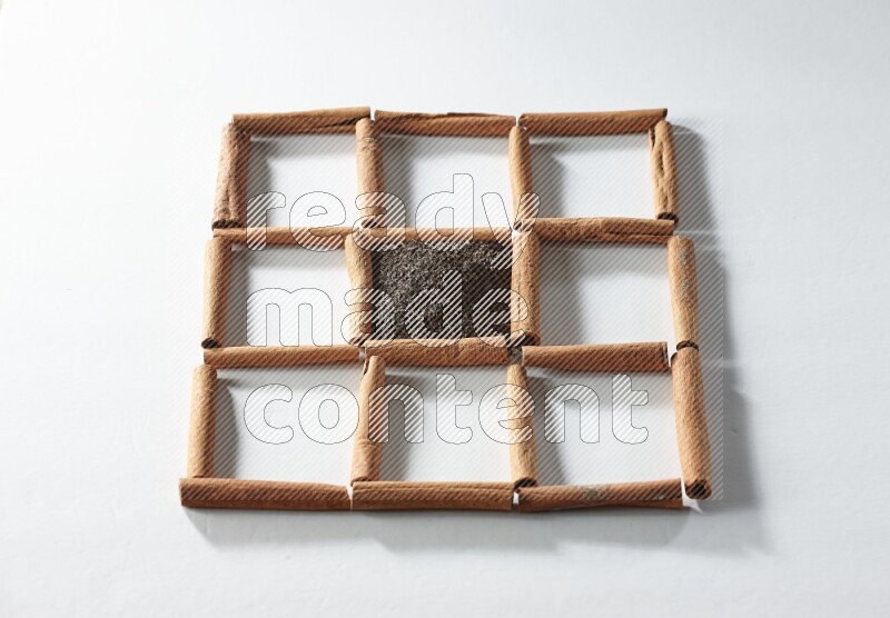 9 squares of cinnamon sticks full of tea in the middle surrounded by nutmeg, dried mint, cloves, dried basil, dried ginger, cinnamon, star anise and cardamom on white flooring
