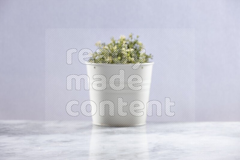 Artificial plant in white pot on grey marble background