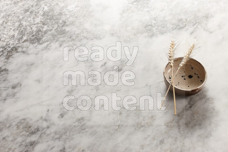 Wheat stalks on multicolored pottery bowl on grey marble background