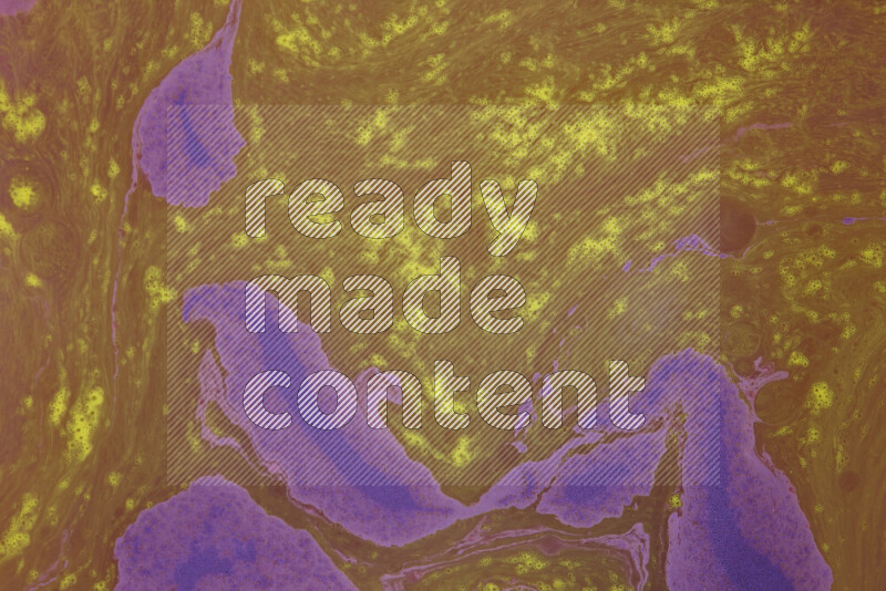 The image depicts a marbling effect with swirling patterns of purple and yellow