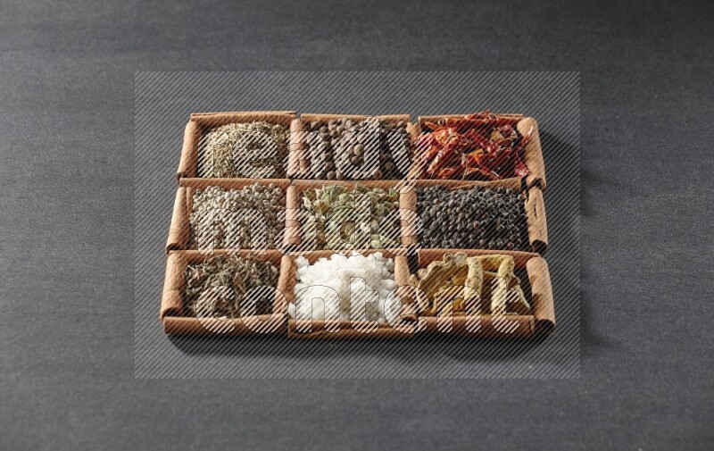 9 مربعات من أعواد القرفة ممتلئة بالهيل في المنتصف محاطة بأصابع الكركم والفلفل الأسود والفلفل الحار والبهار الحلو والكمون والفلفل الأبيض والريحان المجفف والملح على أرضية سوداء