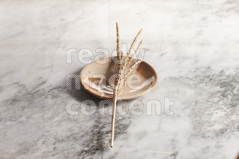 Wheat stalks on multicolored pottery plate on grey marble background