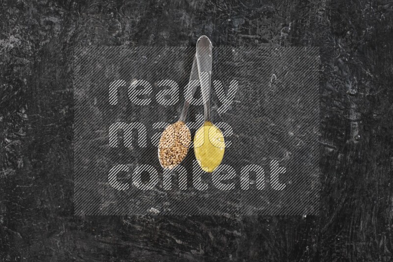 Two metal spoons, one filled with mustard seeds and the other with mustard paste on black background
