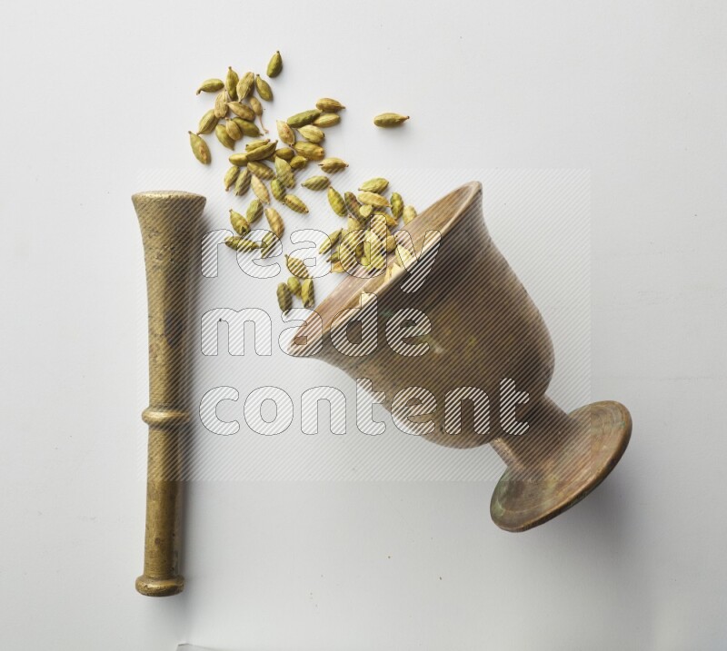 Top-view shot of Cardamon in herbs crusher on white background
