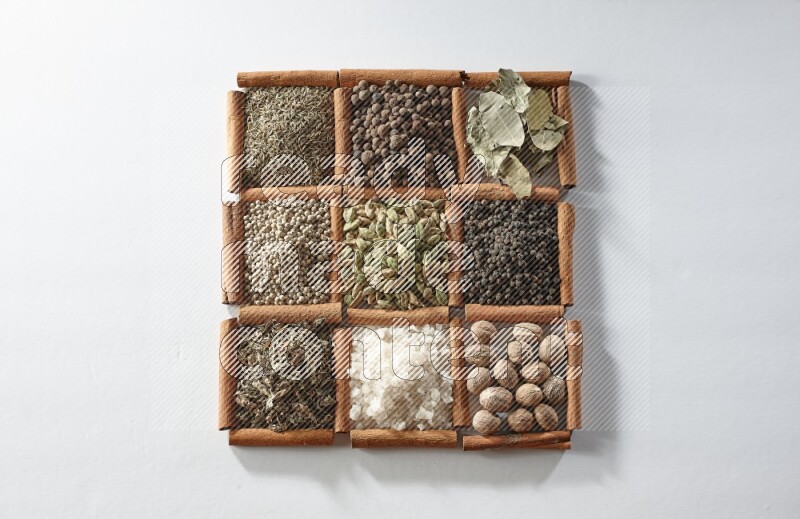 9 مربعات من أعواد القرفة ممتلئة بالهيل في المنتصف محاطة بجوزة الطيب والملح والريحان المجفف والفلفل الأبيض والكمون وبهار الفلفل الحلو وأوراق الغار والفلفل الأسود على أرضية بيضاء