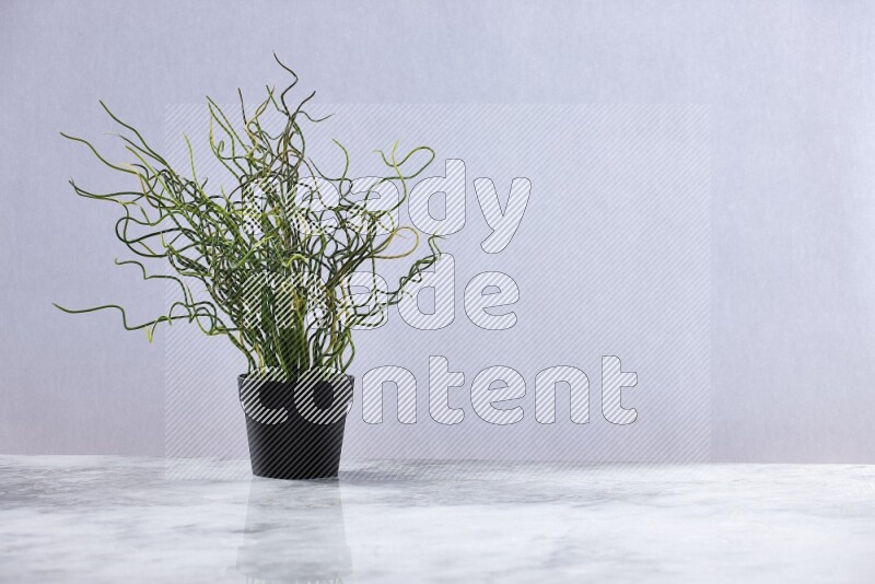 Green artificial plant in black pot on grey marble background