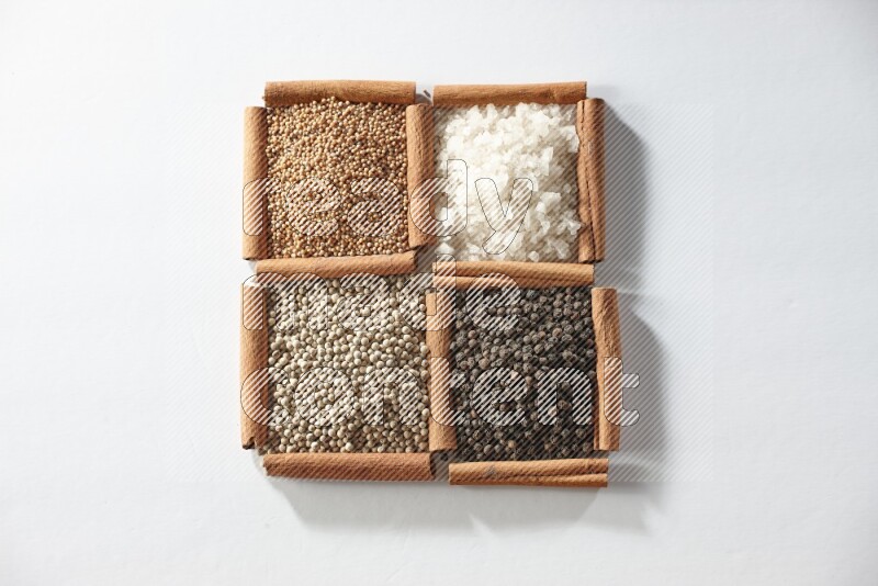 4 squares of cinnamon sticks full of mustard, salt, white pepper and black pepper on white flooring