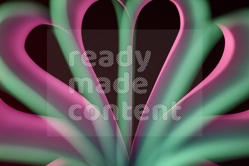 An abstract art piece displaying smooth curves in pink and green gradients created by colored light