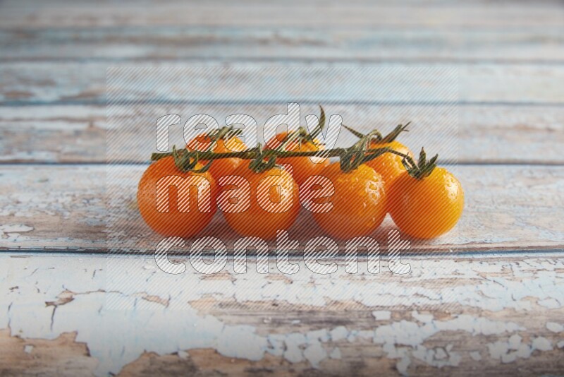 orange cherry tomato vein on a textured blue wooden background 45 degree