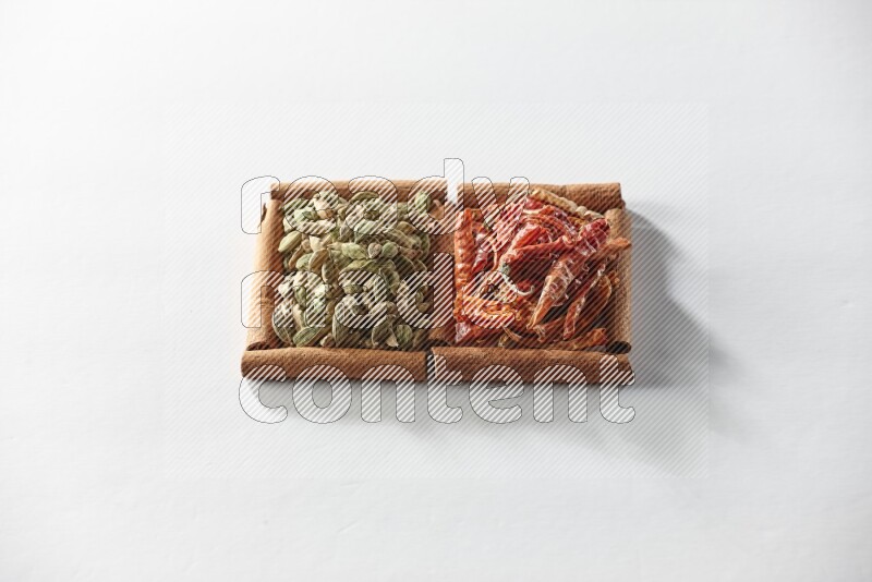 مربعان من أعواد القرفة ممتلئان بحبوب الهيل والفلفل الحار المجفف علي خلفية بيضاء