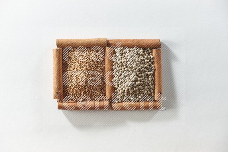 مربعان من أعواد القرفة ممتلئان بحبوب الخردل وحبوب الفلفل الأبيض علي خلفية بيضاء