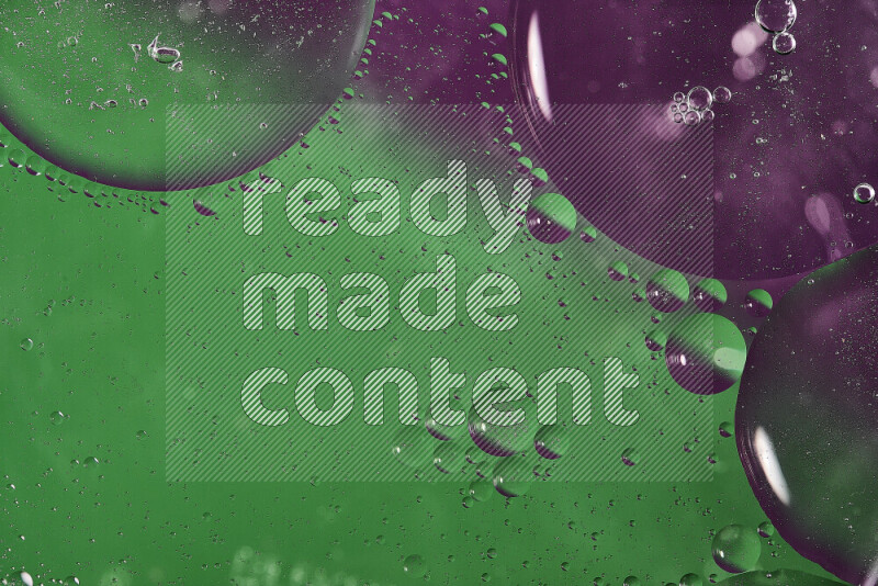 Close-ups of abstract oil bubbles on water surface in shades of green and purple