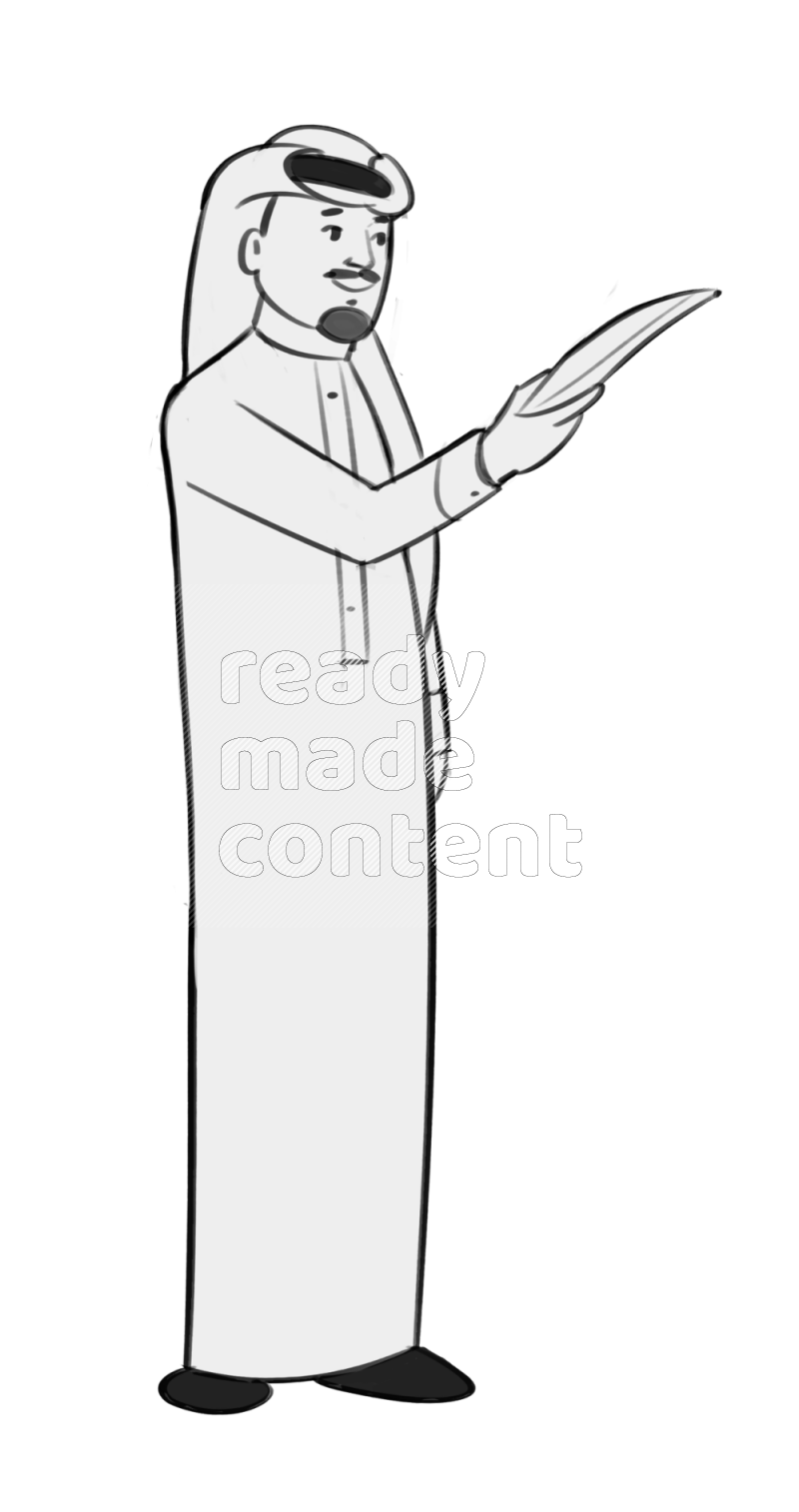 Saudi man handing a paper standing  different angles eye level