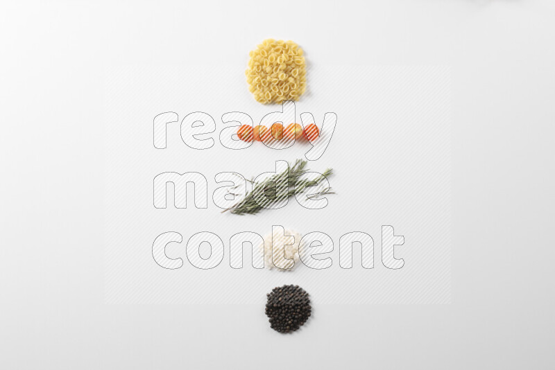 Red sauce pasta recipes ingredients on white background