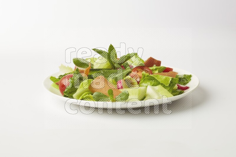 fattoush salad in a white plate direct on a white background