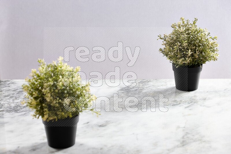 Two artificial plants in black pots on grey marble background