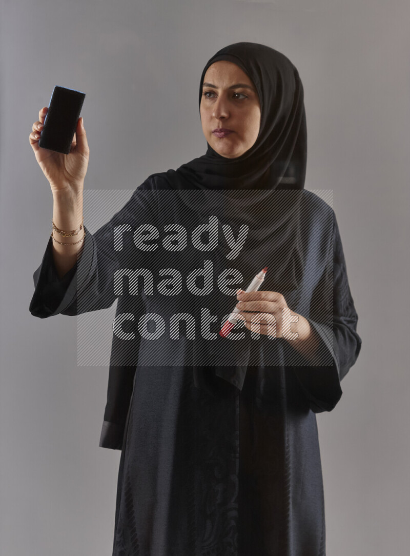 Woman in black abaya and hijab holding a marker pen to write on a transparent board with different reactions and expressions on grey background