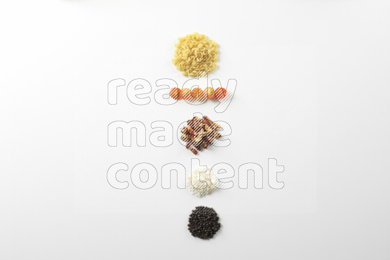 Red sauce pasta recipes ingredients on white background