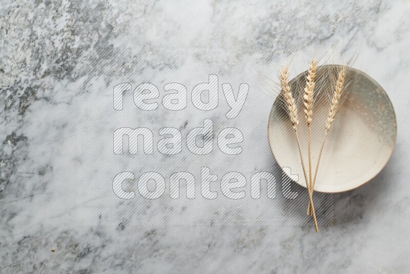 Wheat stalks on multicolored pottery plate on grey marble background