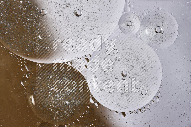 Close-ups of abstract oil bubbles on water surface in shades of white and brown