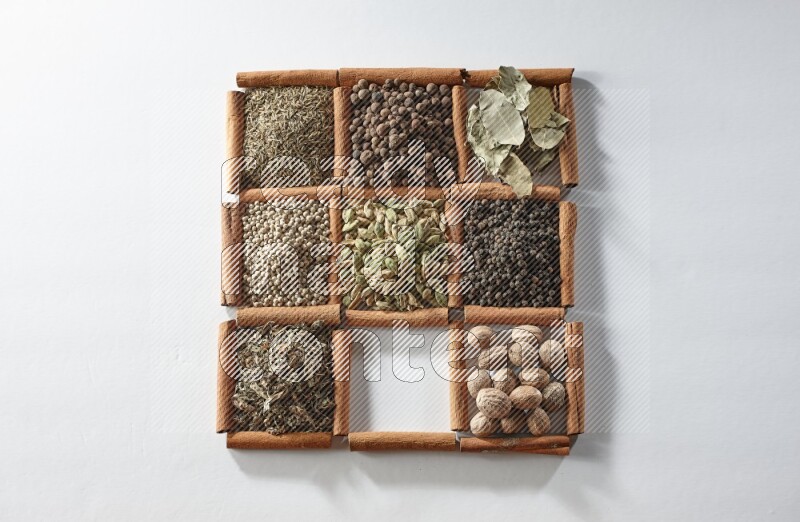 9 squares of cinnamon sticks full of cardamom in the middle surrounded by nutmeg, salt, dried basil, white pepper, cumin, allspice, bay laurel leaves and black pepper on white flooring
