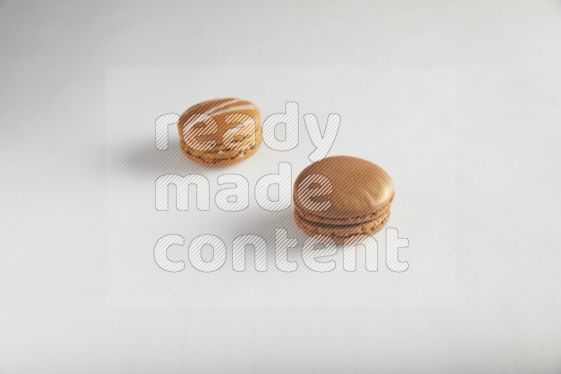 45º Shot of of two assorted Brown Irish Cream, and Brown Coffee macarons  on white background