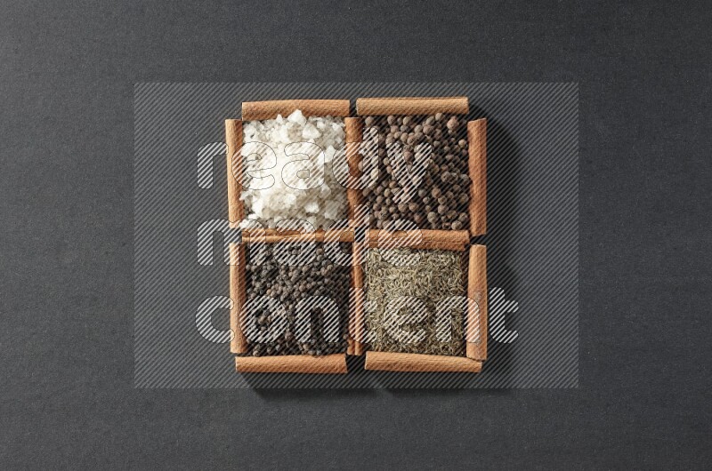 4 مربعات من عيدان القرفة ممتلئة بحبوب الفلفل الأسود والكمون وبهار الفلفل الحلو والملح الأبيض على أرضية سوداء