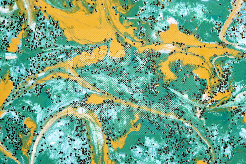 Abstract colorful background with mixed of green, white and gold paint colors with scattered gold glitter