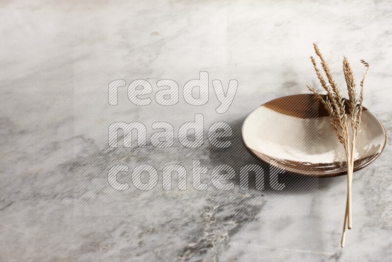 Wheat stalks on multicolored pottery plate on grey marble background