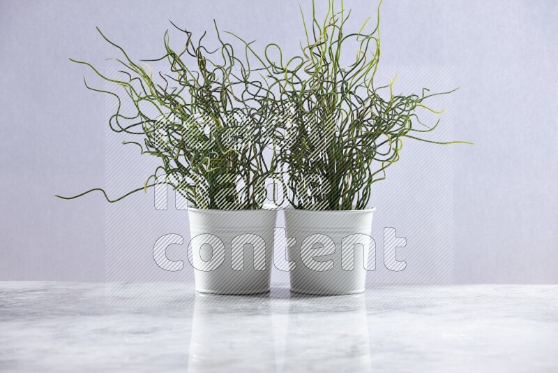 Two green artificial plants in white pot on grey marble background