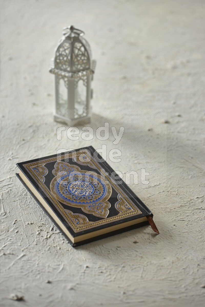 A white lantern with different drinks, dates, nuts, prayer beads and quran on white background