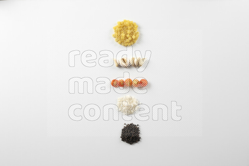 Red sauce pasta recipes ingredients on white background
