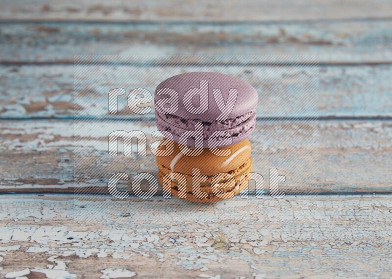 45º Shot of of two assorted Brown Irish Cream, and Purple Blueberry macarons  on light blue background