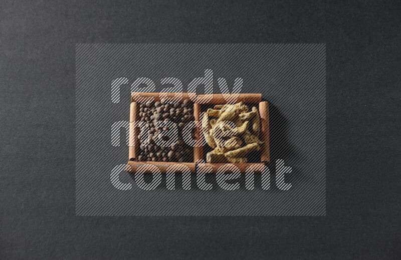 مربعان من أعواد القرفة ممتلئان ببهار الفلفل الحلو وأصابع الكركم علي خلفية سوداء