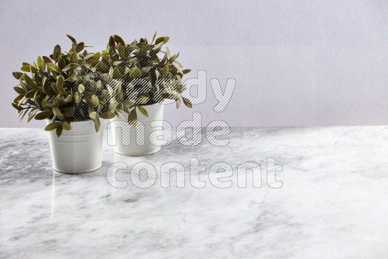 Two green artificial plants in white pot on grey marble background