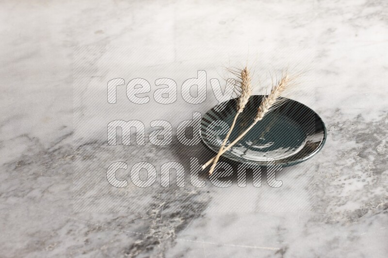 Wheat stalks on multicolored pottery plate on grey marble background