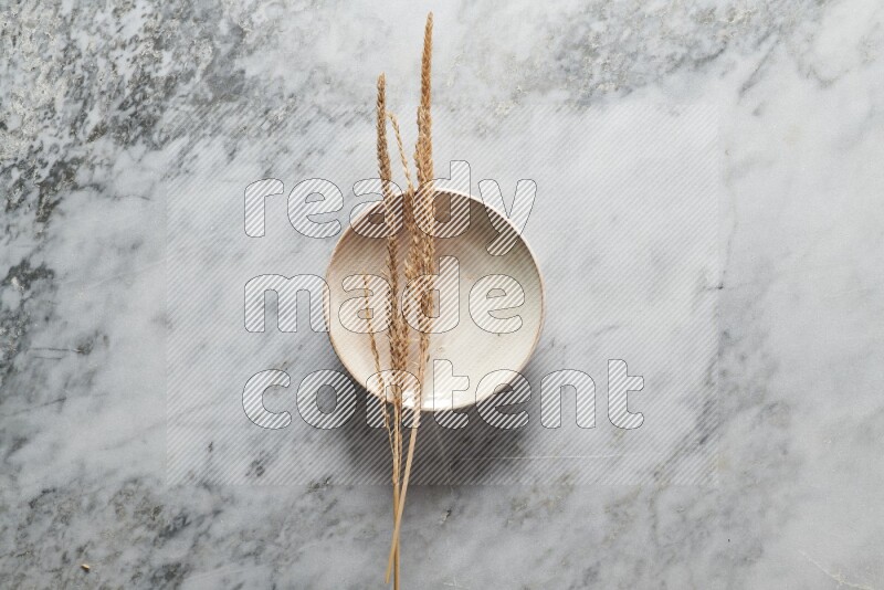 Wheat stalks on beige pottery plate on grey marble background