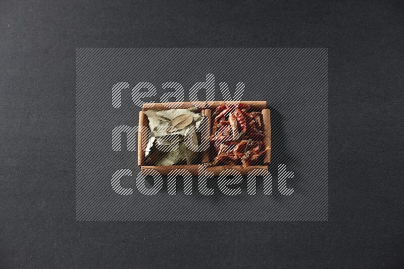 مربعان من أعواد القرفة ممتلئان بالفلفل الحار المجفف وأوراق الغار علي خلفية سوداء