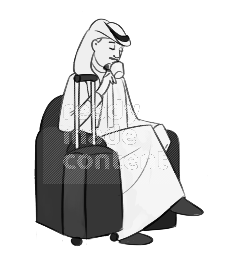 Saudi man drinking setting on an armchair by cabin suitcase different angles eye level