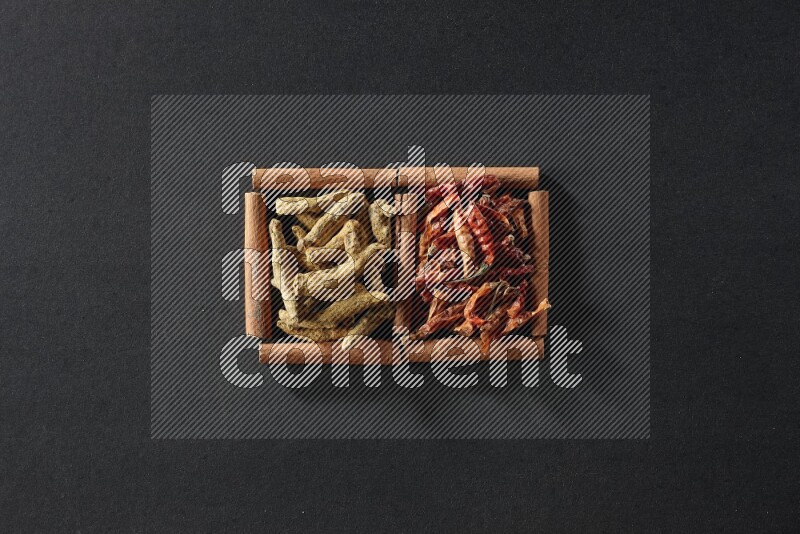 مربعان من أعواد القرفة ممتلئان بالفلفل الحار المجفف وأصابع الكركم علي خلفية سوداء