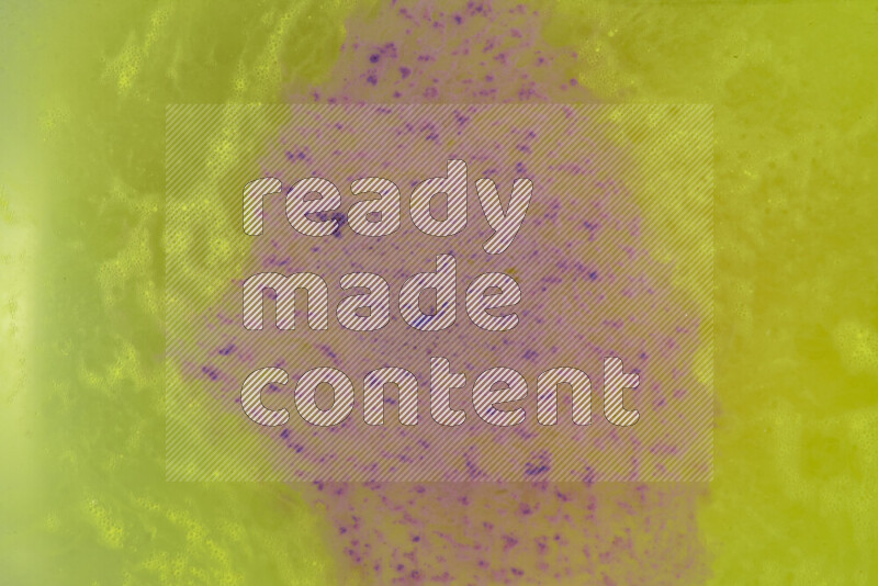 The image captures a dramatic splatter of purple paint over a yellow backdrop