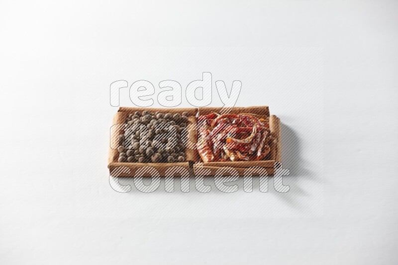 مربعان من أعواد القرفة ممتلئان بالفلفل الحار المجفف وحبوب بهار الفلفل الحلو علي خلفية بيضاء